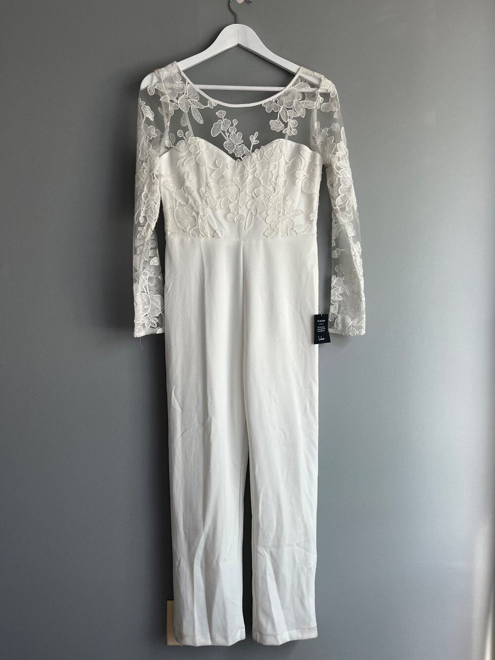 Lulus NWT $98 Women's White Lace Bridal Jumpsuit Wide Leg M Bride Romantic